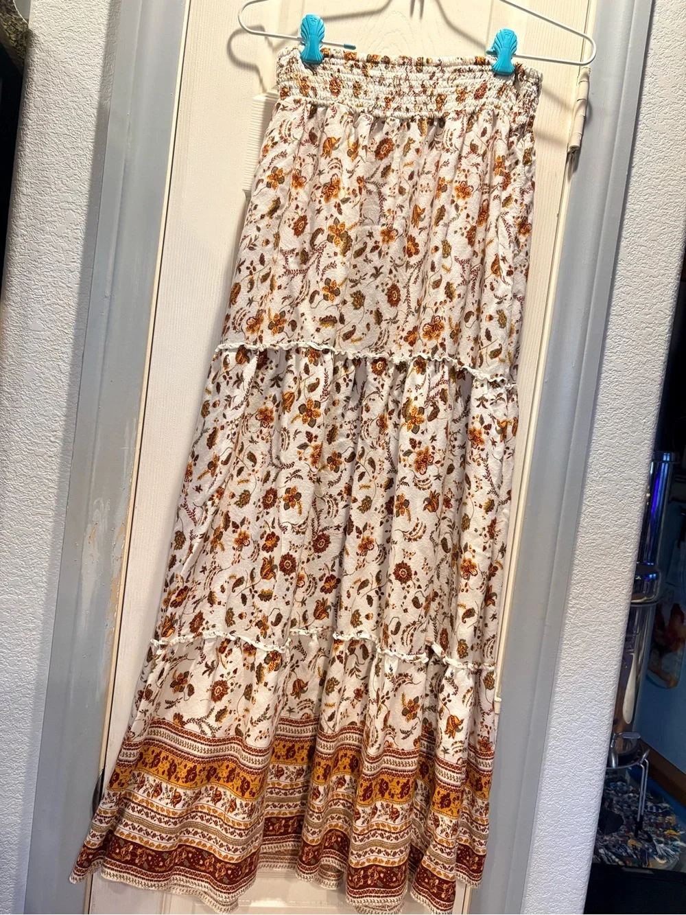 Boho Tiered Floral Maxi Skirt - White with Mustard Brown Print - Picture 2 of 4